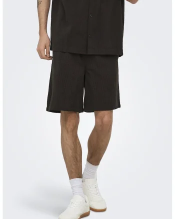 Pantaloni scurti cu aspect texturat si snur, Maro inchis