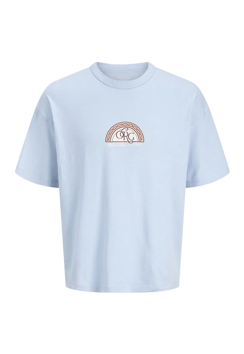 Tricou din bumbac cu decolteu la baza gatului, Maro cognac/Albastru deschis