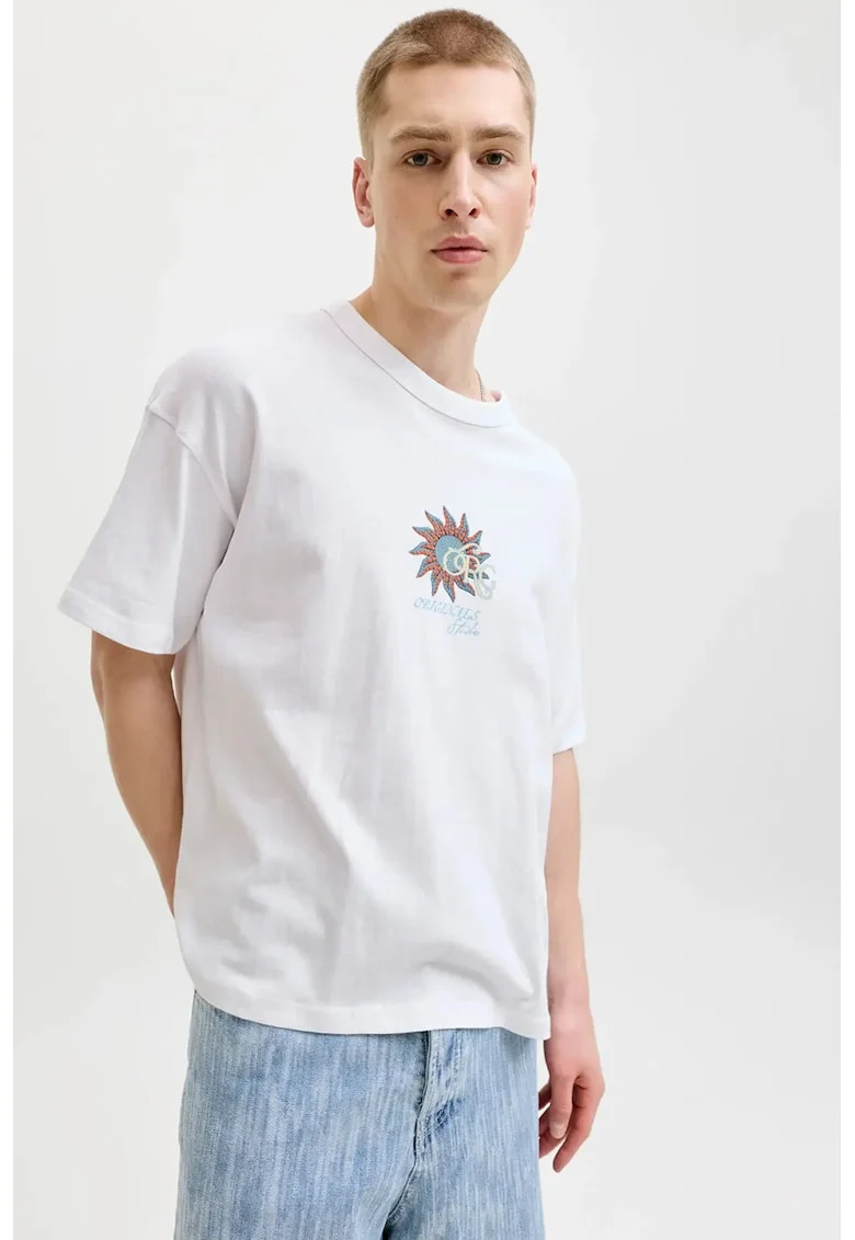 Tricou din bumbac cu decolteu la baza gatului, Albastru prafuit/Alb optic
