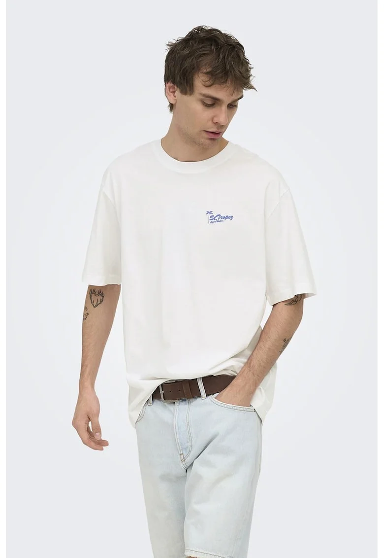 Tricou din bumbac cu imprimeu pe partea din spate, Alb/Albastru safir