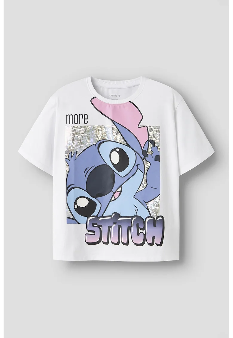Tricou lejer cu imprimeu Stitch, Alb optic/Albastru stins