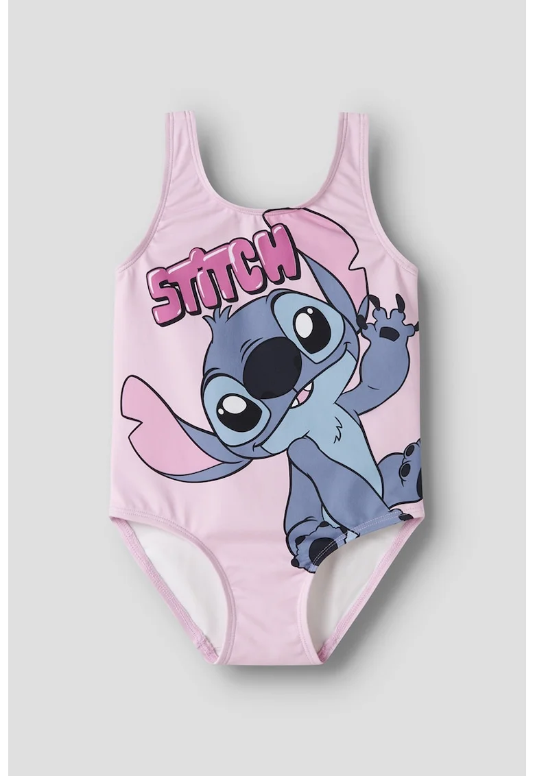 Costum de baie intreg cu imprimeu Stitch, Roz bombon/Albastru stins
