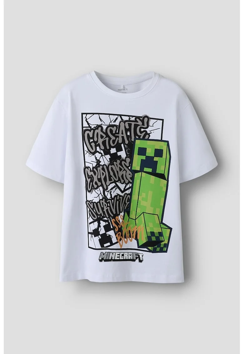Tricou din amestec de bumbac cu imprimeu Minecraft, Gri/Alb optic/Verde lime