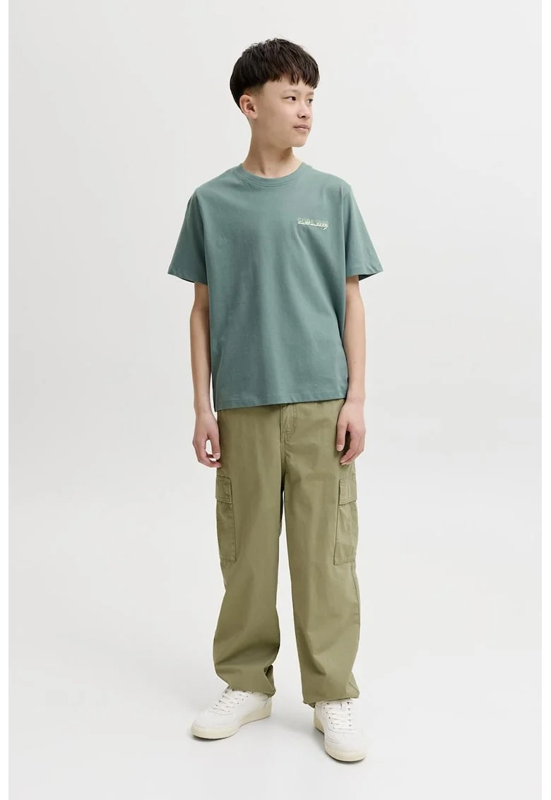 Tricou din bumbac cu decolteu la baza gatului si imprimeu pe partea din spate, Alb/Gri verzui