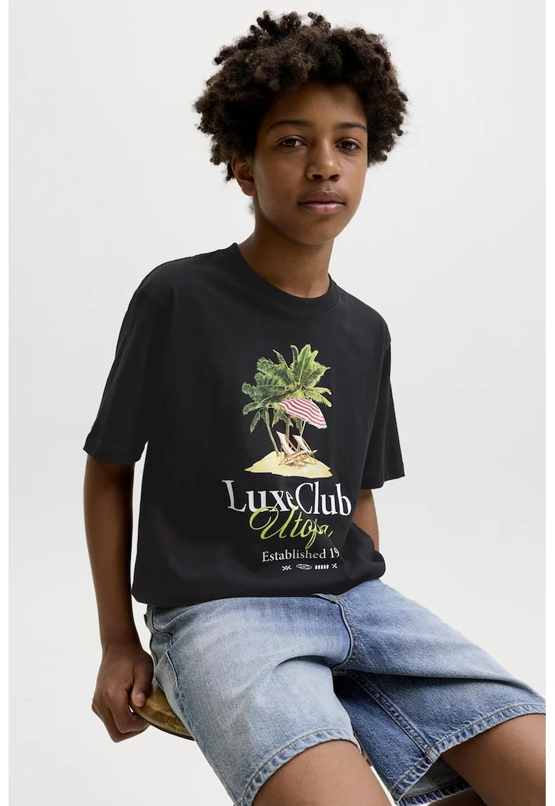 Tricou lejer din bumbac cu imprimeu organic, Negru/Galben pastel