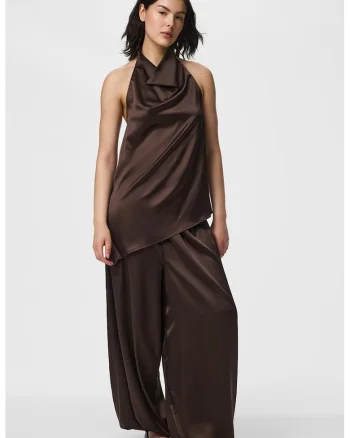 Bluza drapata din satin cu croiala asimetrica, Maro inchis