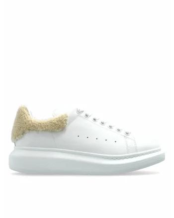 Oversized leather furry heel tab White sneakers, Alb/Bej
