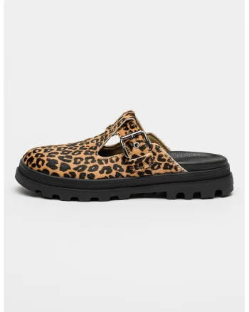 Saboti din piele intoarsa cu model animal print Denelite Pyla, Negru/Caramel