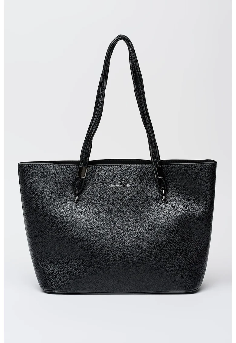 Geanta shopper din piele ecologica cu imprimeu logo discret, Negru