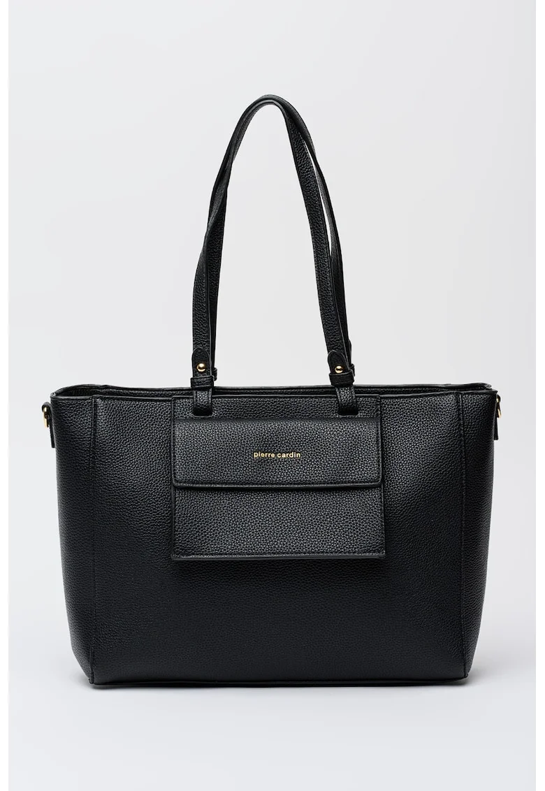 Geanta shopper din piele ecologica cu buzunar frontal cu clapa, Negru