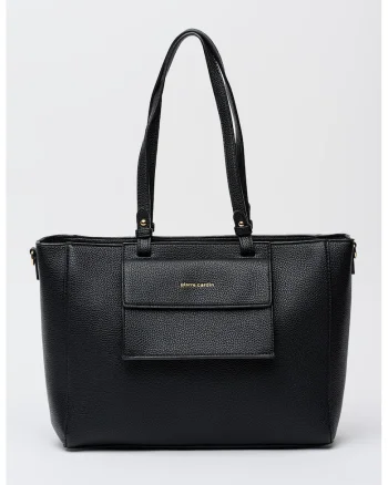 Geanta shopper din piele ecologica cu buzunar frontal cu clapa, Negru