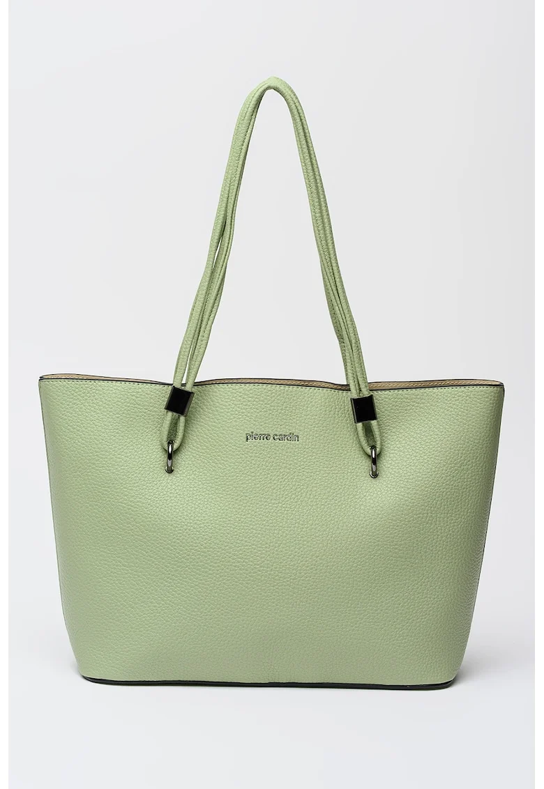 Geanta shopper din piele ecologica cu imprimeu logo discret, Verde pal