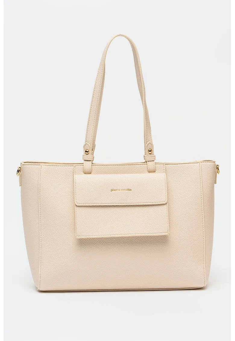 Geanta shopper din piele ecologica cu buzunar frontal cu clapa, Crem