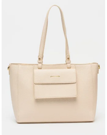 Geanta shopper din piele ecologica cu buzunar frontal cu clapa, Crem