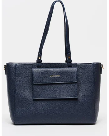 Geanta shopper din piele ecologica cu buzunar frontal cu clapa, Albastru ultramarin