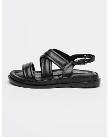 Sandale din piele cu talpa plata si catarama, Negru