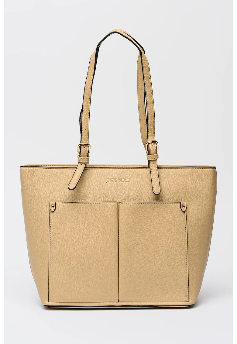 Geanta shopper din piele ecologica cu buzunare frontale aplicate, Crem