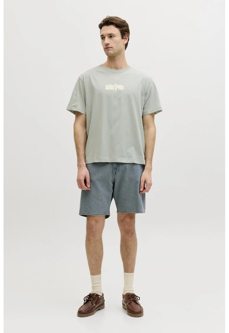Tricou din bumbac cu decolteu la baza gatului si imprimeu, Bej/Gri cenusiu