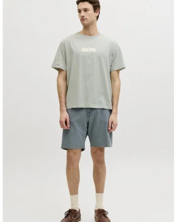 Tricou din bumbac cu decolteu la baza gatului si imprimeu, Bej/Gri cenusiu
