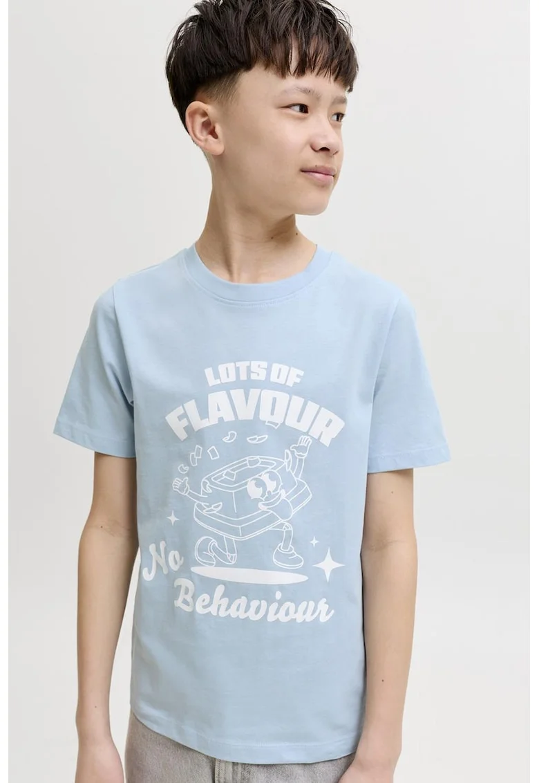 Tricou cu imprimeu grafic si model text, Alb/Albastru deschis