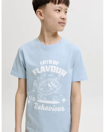 Tricou cu imprimeu grafic si model text, Alb/Albastru deschis