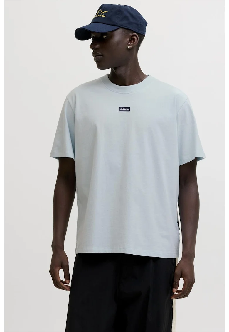 Tricou din bumbac cu decolteu la baza gatului si imprimeu logo discret, Albastru pal
