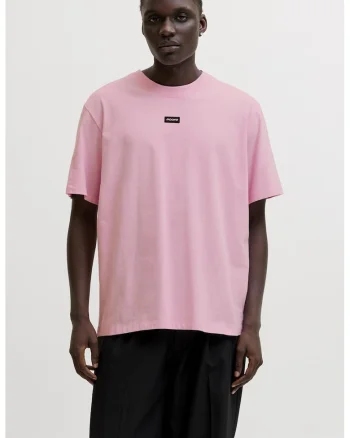 Tricou din bumbac cu decolteu la baza gatului si imprimeu logo discret, Roz pastel