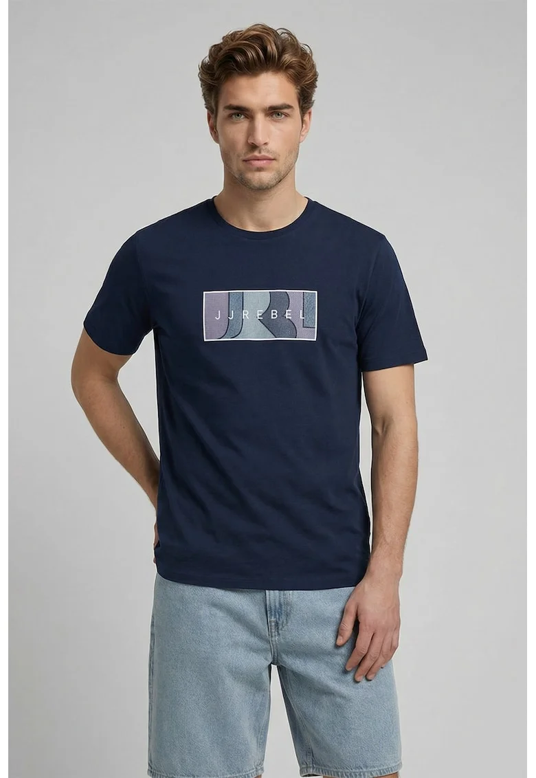 Tricou din bumbac cu decolteu la baza gatului si imprimeu logo, Bleumarin