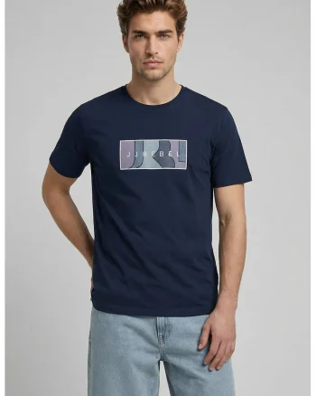 Tricou din bumbac cu decolteu la baza gatului si imprimeu logo, Bleumarin