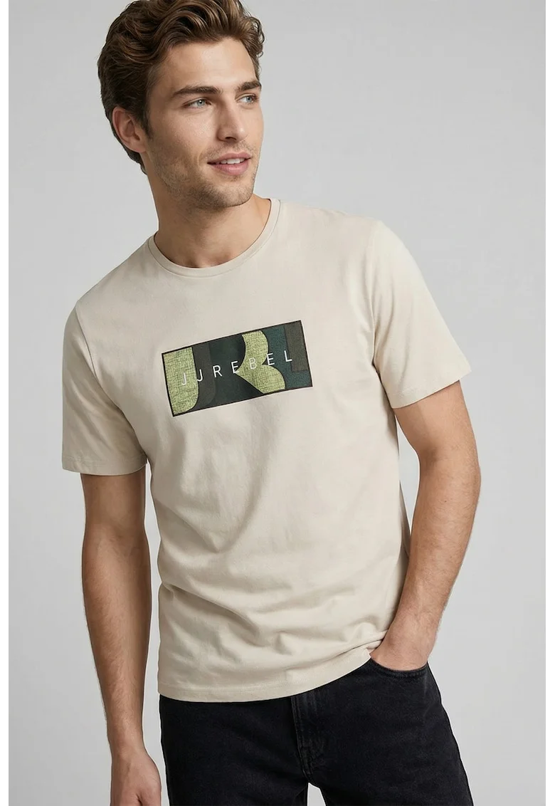 Tricou din bumbac cu decolteu la baza gatului si imprimeu logo, Bej deschis