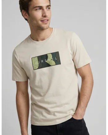 Tricou din bumbac cu decolteu la baza gatului si imprimeu logo, Bej deschis
