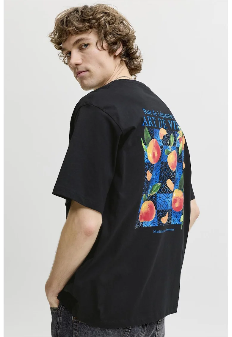Tricou din bumbac cu imprimeu pe partea din spate, Negru/Piersica