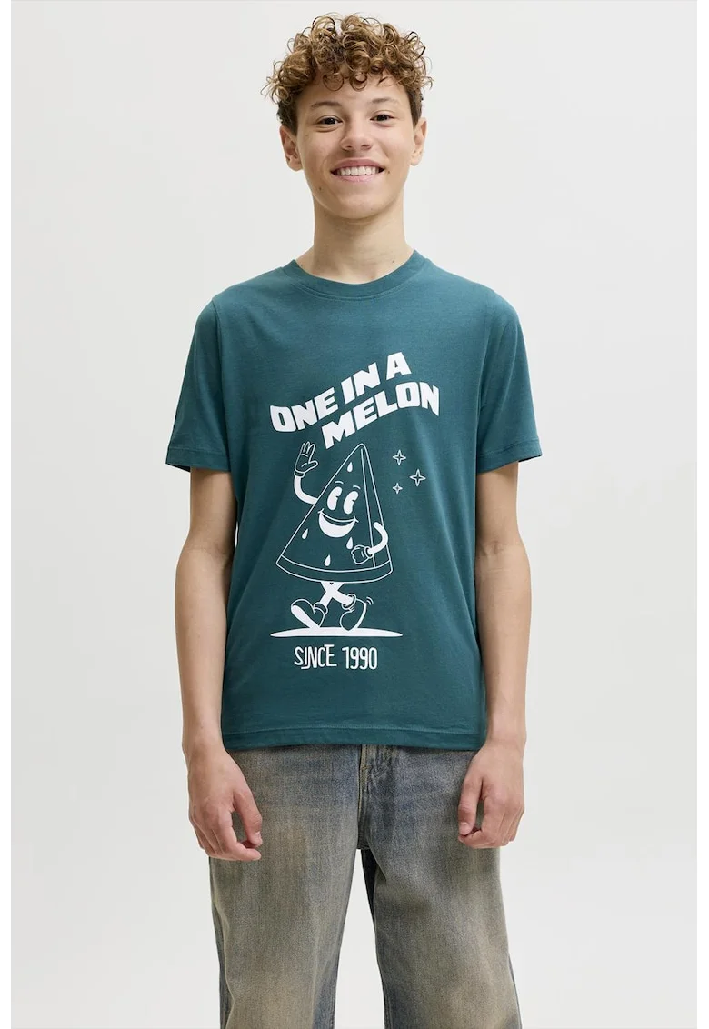Tricou cu imprimeu grafic si model text, Verde persan