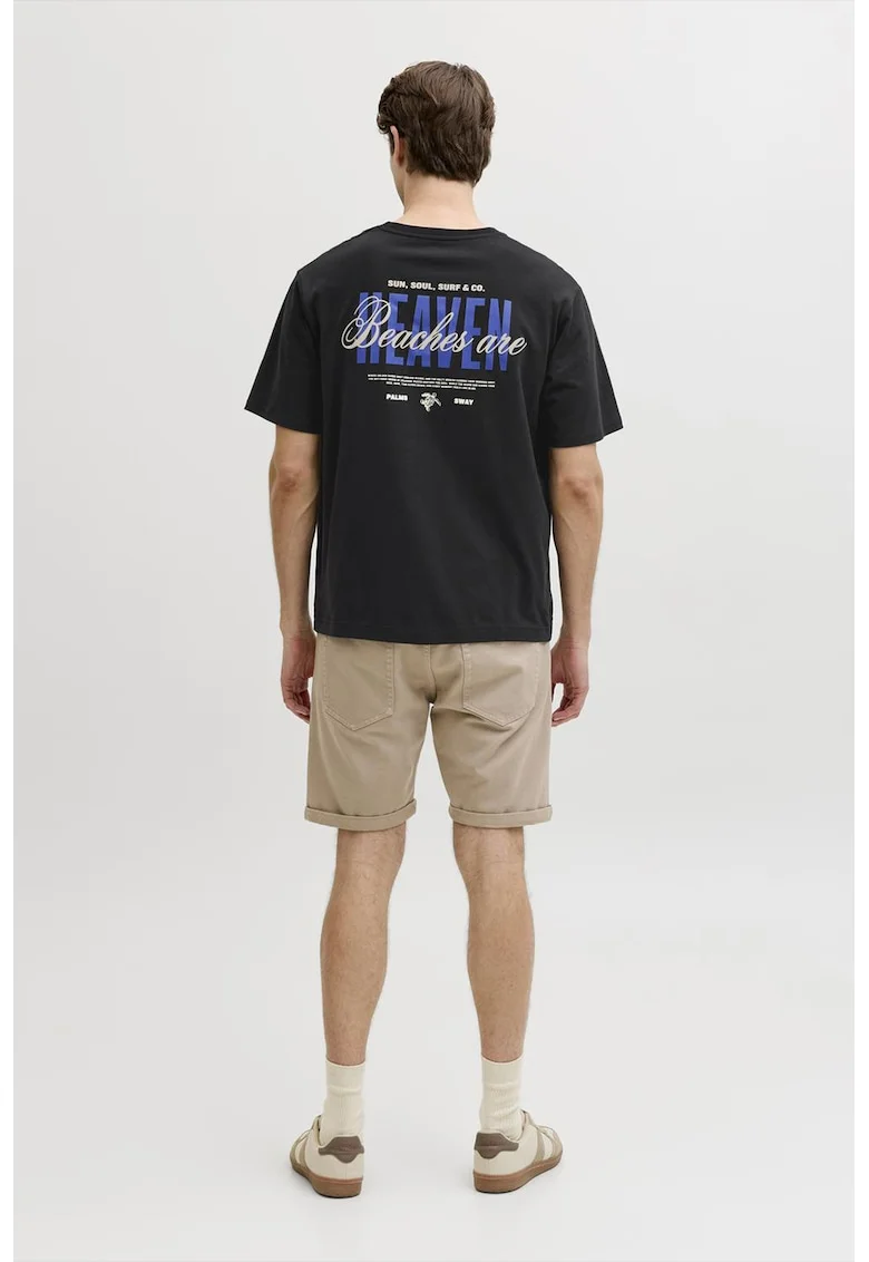 Tricou din bumbac cu decolteu la baza gatului si imprimeu, Negru/Albastru