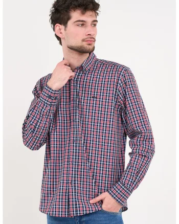 Camasa din bumbac cu model in carouri si guler fixat cu nasturi, Rosu/Bleumarin