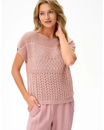 Tricou tricotat cu decolteu barcuta Lola Powder Pink