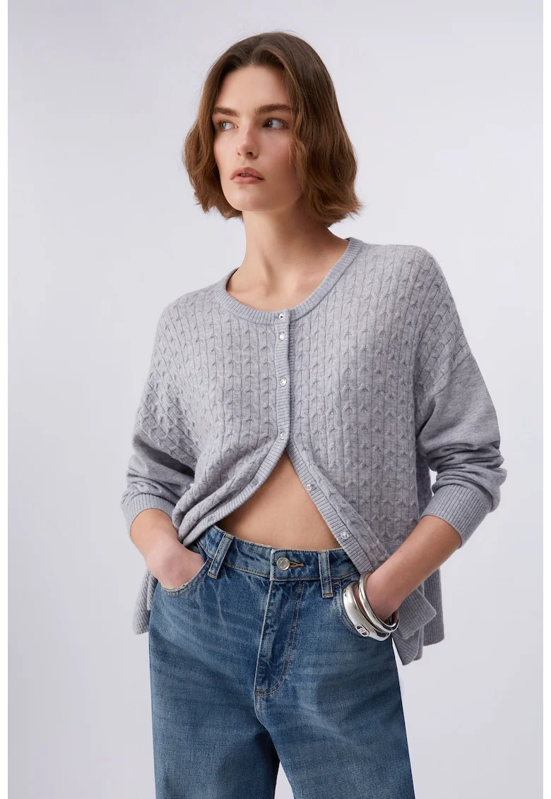 Cardigan din amestec de lana cu model torsade, Gri melange