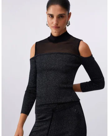 Bluza cu decupaje pe umeri si detalii semitransparente, Negru