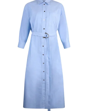 Rochie-camasa din bumbac cu cordon in talie, Albastru deschis