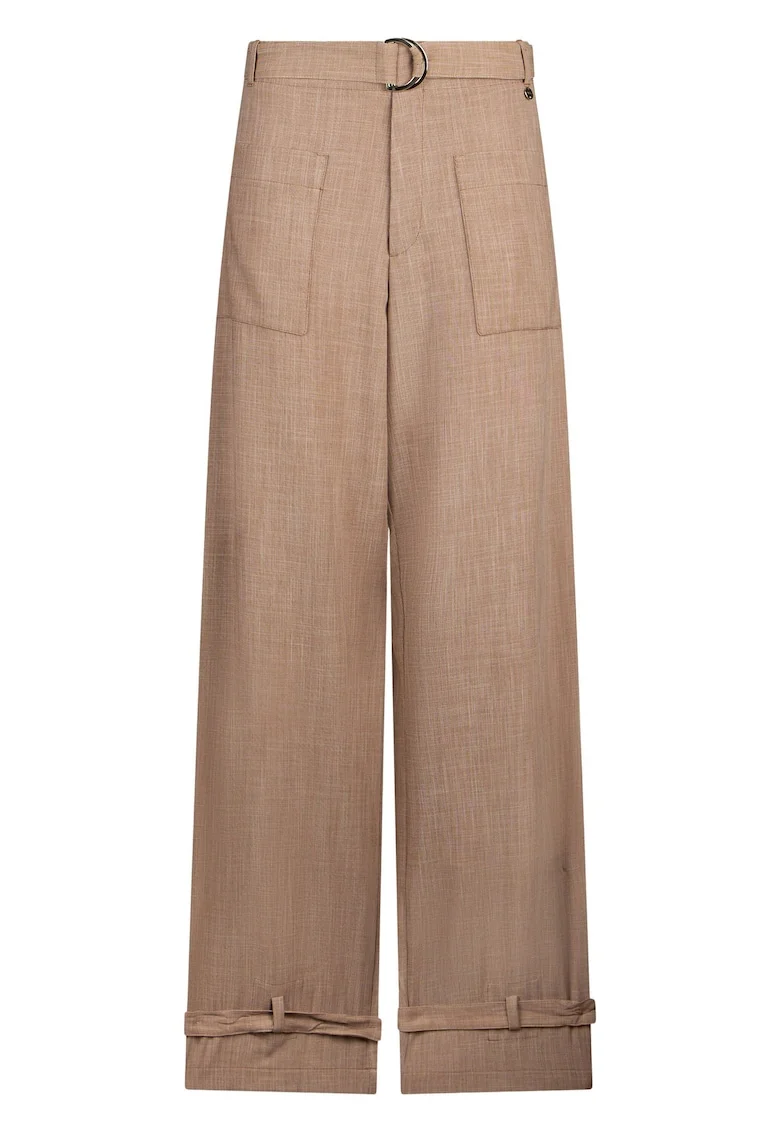 Pantaloni relaxed fit cu terminatii cu funde la glezna, Maro camel