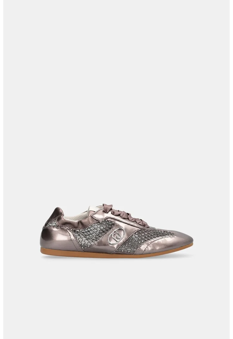 Pantofi sport cu aspect lucios, strasuri si plasa, Bronz