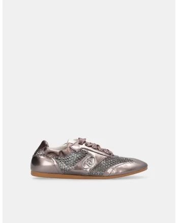 Pantofi sport cu aspect lucios, strasuri si plasa, Bronz
