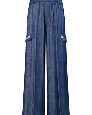 Blugi cu croiala ampla si detaliu cu bijuterie, Albastru denim