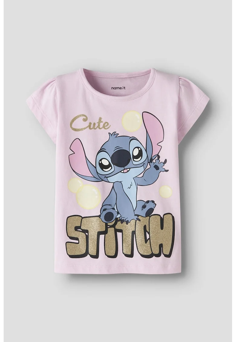 Tricou cu imprimeu Stitch, Roz bombon/Auriu antichizat