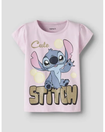 Tricou cu imprimeu Stitch, Roz bombon/Auriu antichizat