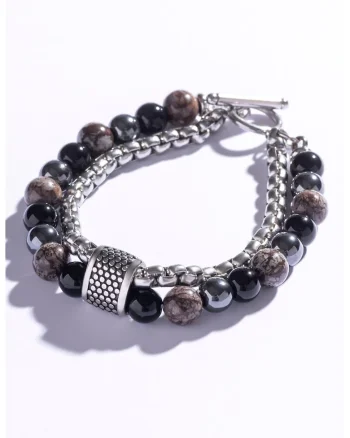Bratara cu siraguri duble si decorata cu obsidian si hematite, Negru/Maro/Gri