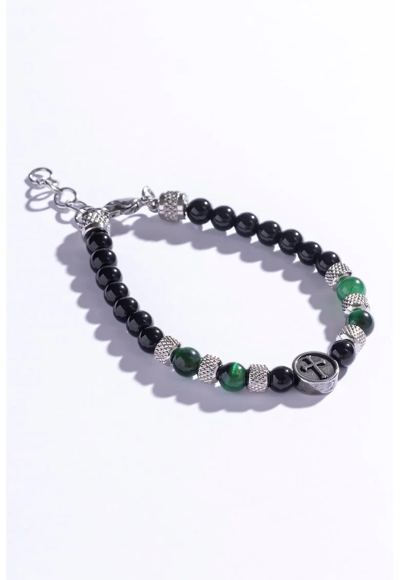Bratara decorata cu margele ochiul tigrului, Verde/Negru/Argintiu