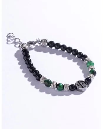 Bratara decorata cu margele ochiul tigrului, Verde/Negru/Argintiu