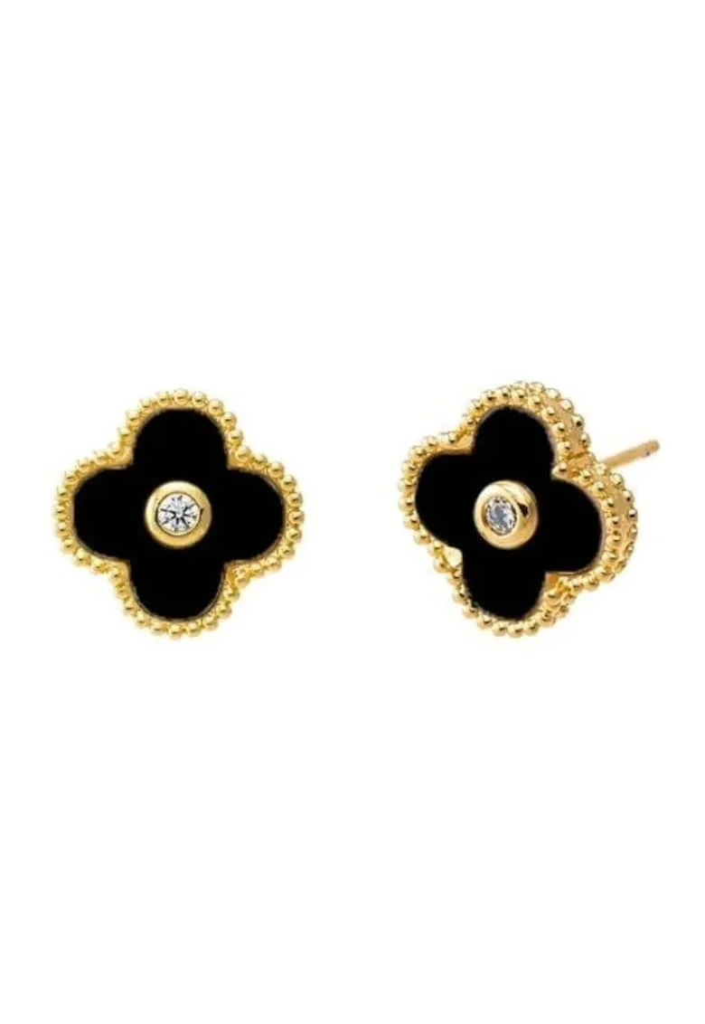 Cercei aurii, din otel inoxidabil, suflati cu aur 18k, forma de trifoi, cu zirconii, Astoria C3