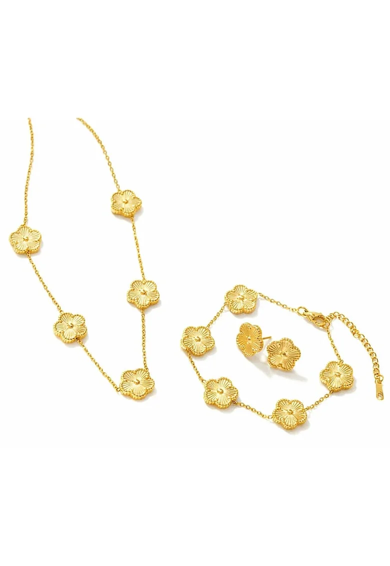 Set colier, cercei si bratara auriu, din otel inoxidabil, suflat cu aur 18k, cu trifoi, Olyssa C2